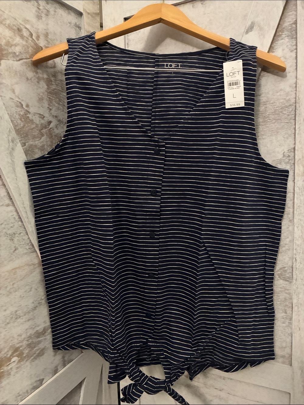 LOFT Navy and White Striped Sleeveless Button-Front Tie-Hem Top